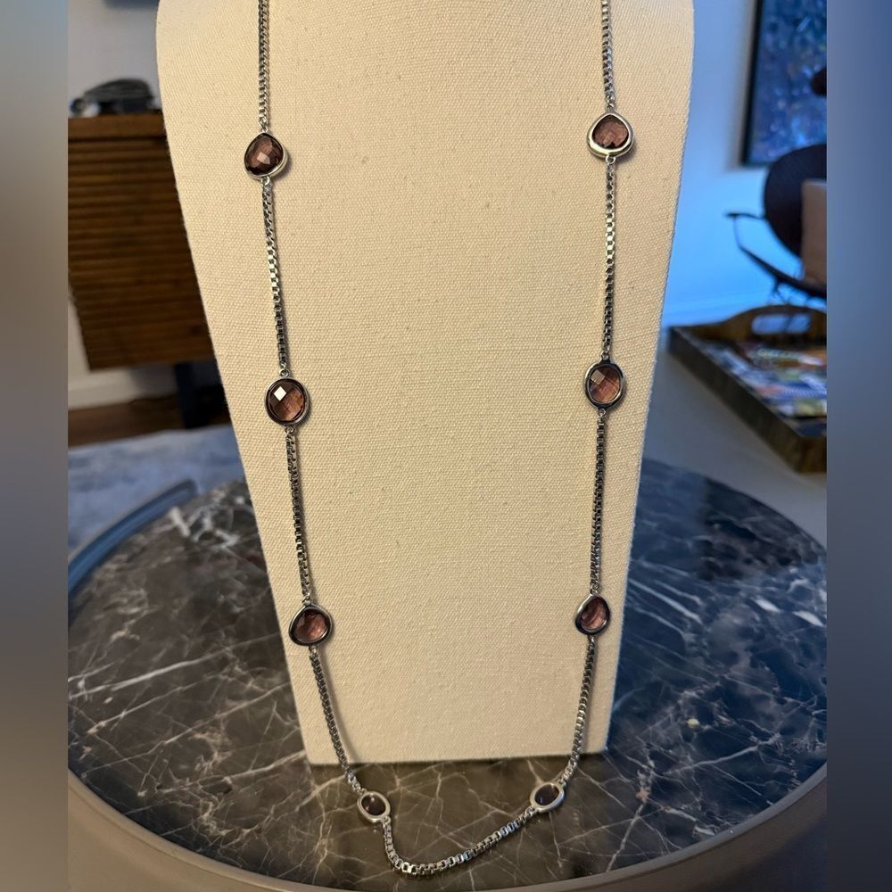 Anne Klein Signed Silver Tone long Box Chain Necklace Toggle Clasp & Oval Stones